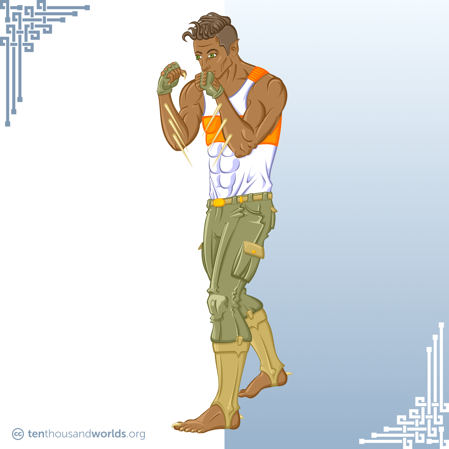 A mostly-human man in a boxer’s stance, with pointed ears, claws, foot spurs, and long spines coming from his forearms. He wears an orange-and-white athletic shirt and olive military-style trousers tucked into spats that leave exposed the natural weapons on his feet.