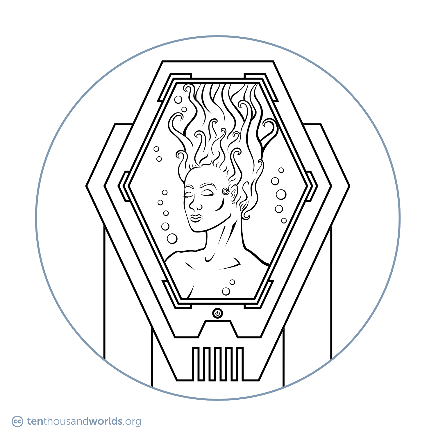 An ink outline of an upright coffin-like machine with a large hexagonal window, through which a woman can be seen floating inside in some sort of suspended animation.