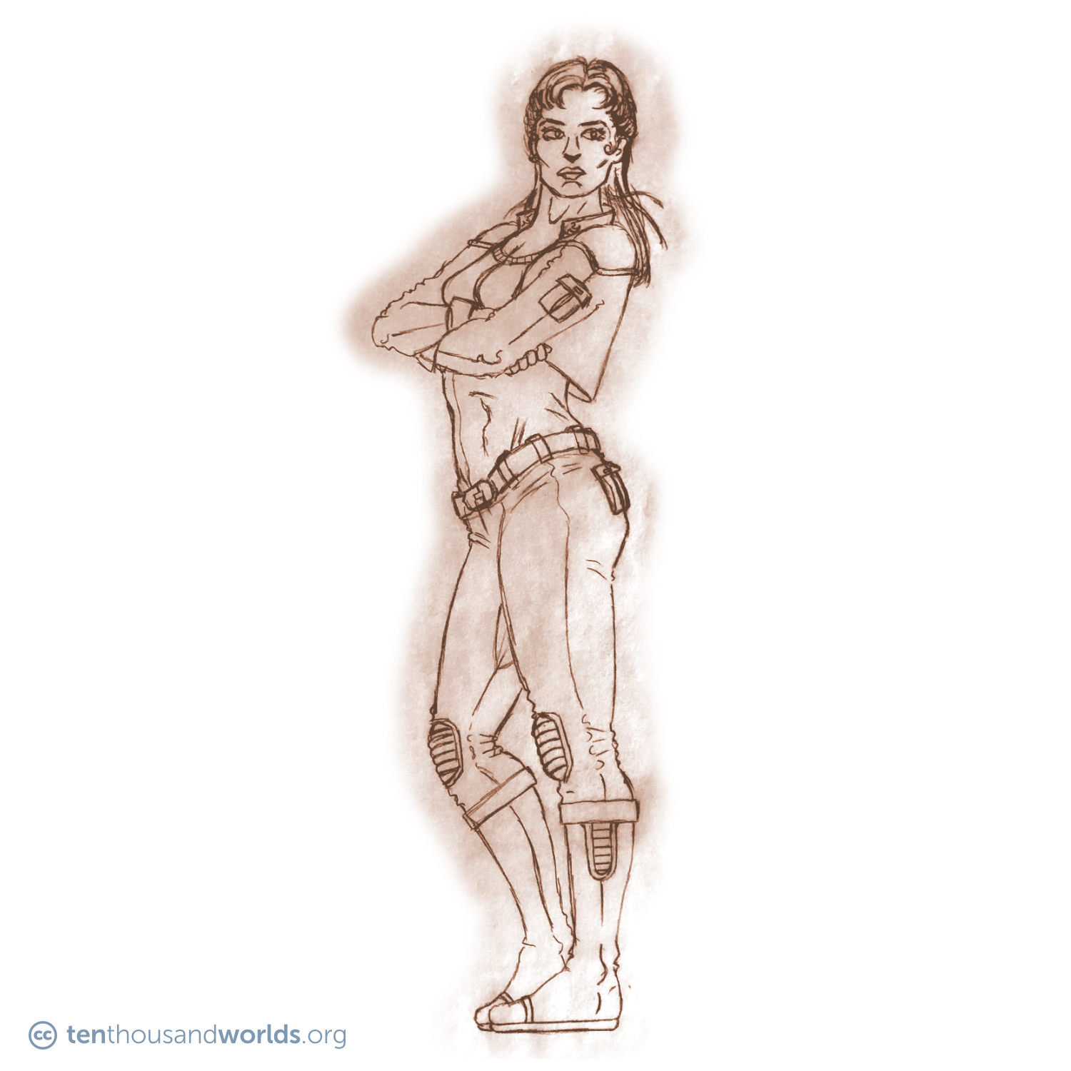 A pencil sketch of a woman in a futuristic pilot’s uniform standing with crossed arms.