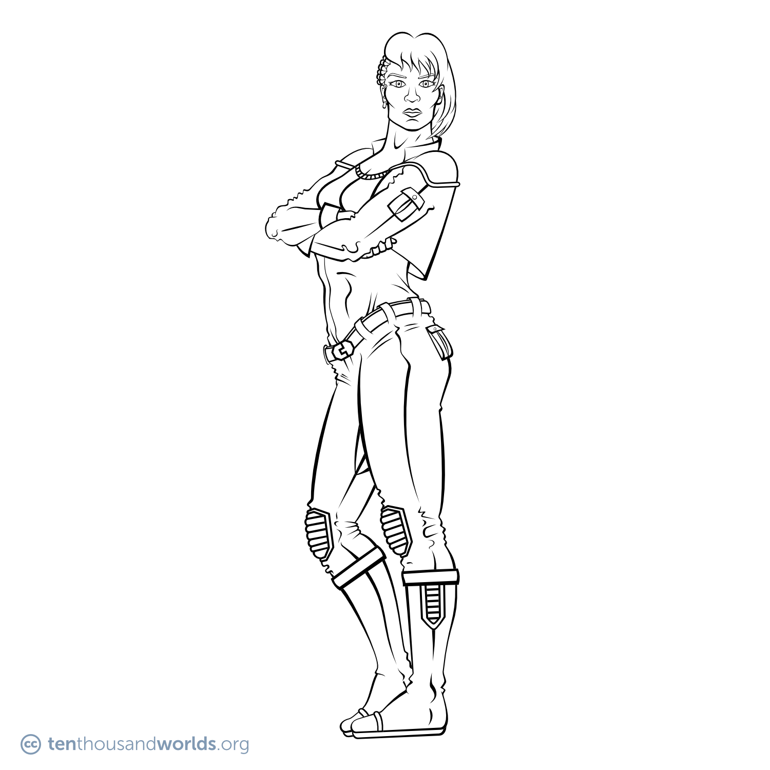 An ink outline of a woman in a futuristic pilot’s uniform standing with crossed arms.