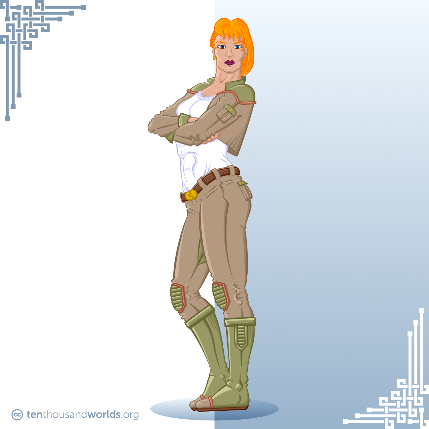 A red-headed woman in an olive and khaki futuristic pilot’s uniform standing with crossed arms.