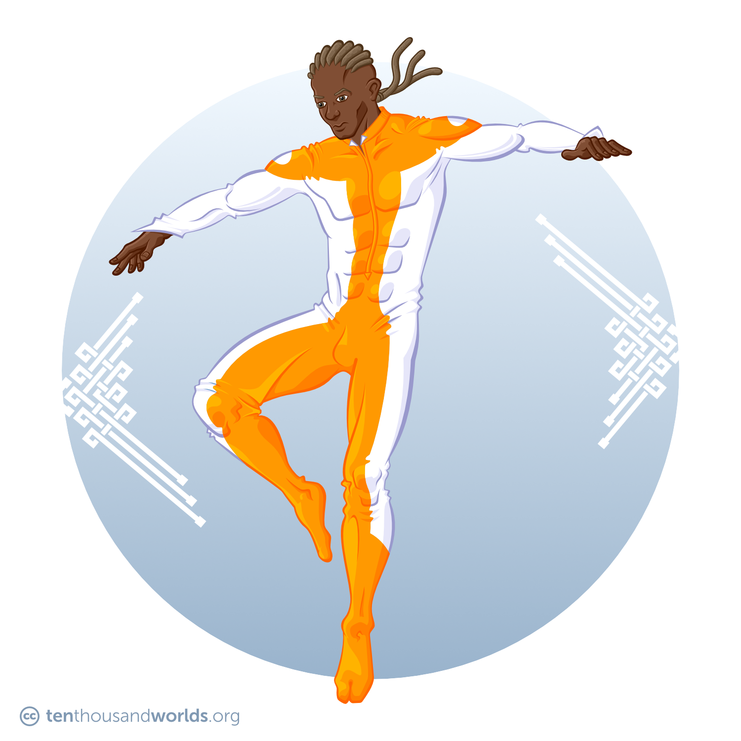 A man with the sides of his head shaved, the rest of his hair styled in corn rows that end in long braids off his back. He wears a one-piece orange and white jump-suit as he floats in mid-air.