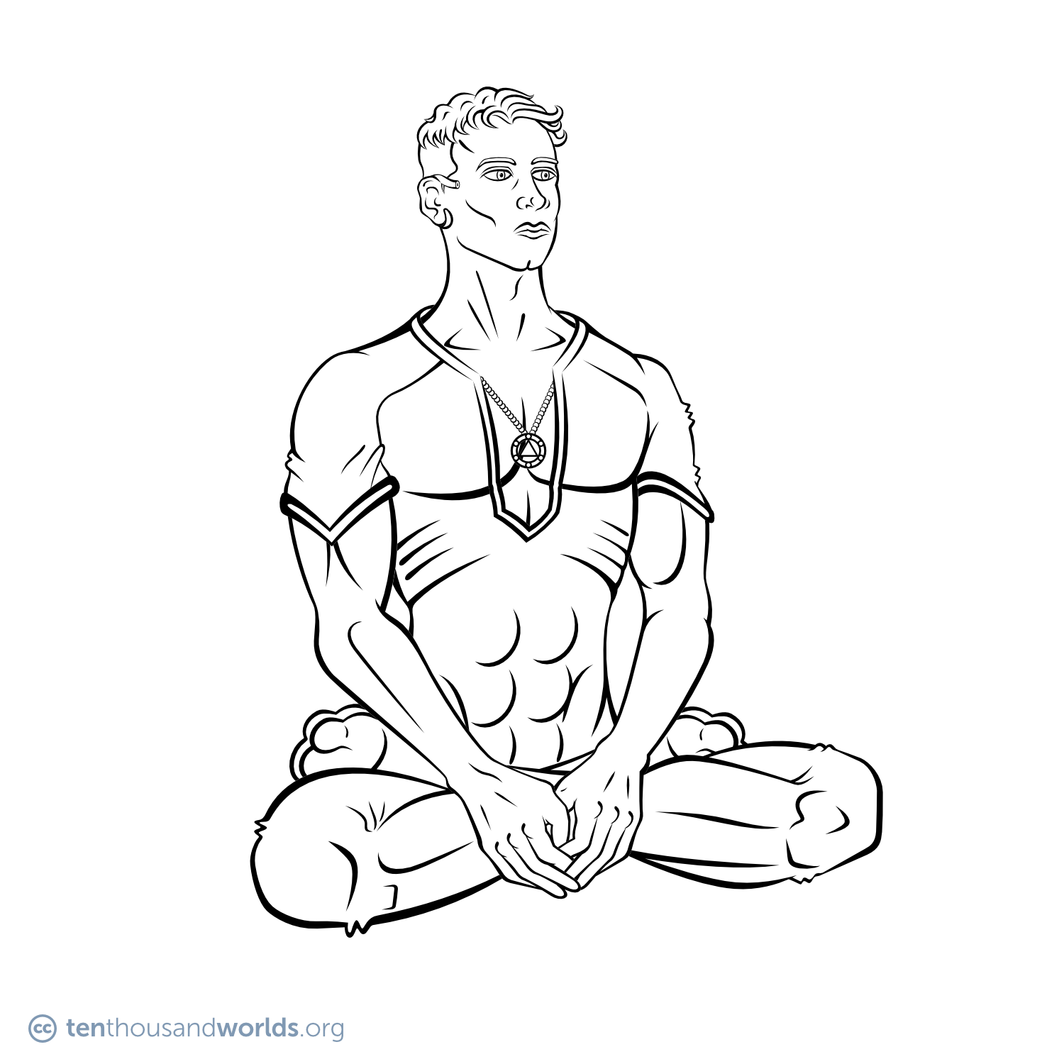 An ink outline of a man sitting cross-legged with his feet pulled up to his hips in a manner similar to a yoga pose. He wears a short-sleeved leotard with a wide-scooped neckline, and within that space a large amulet hangs from a chain. Some sort of device is wrapped around his right ear.