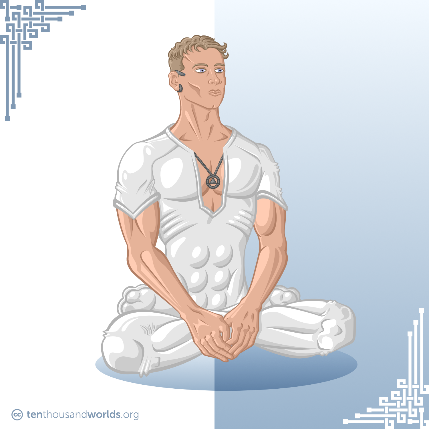 A pale man sitting cross-legged with his feet pulled up to his hips in a manner similar to a yoga pose. He wears a short-sleeved sliver leotard with a wide-scooped neckline, and within that space a large dark chrome amulet hangs from a chain. Some sort of device is wrapped around his right ear.