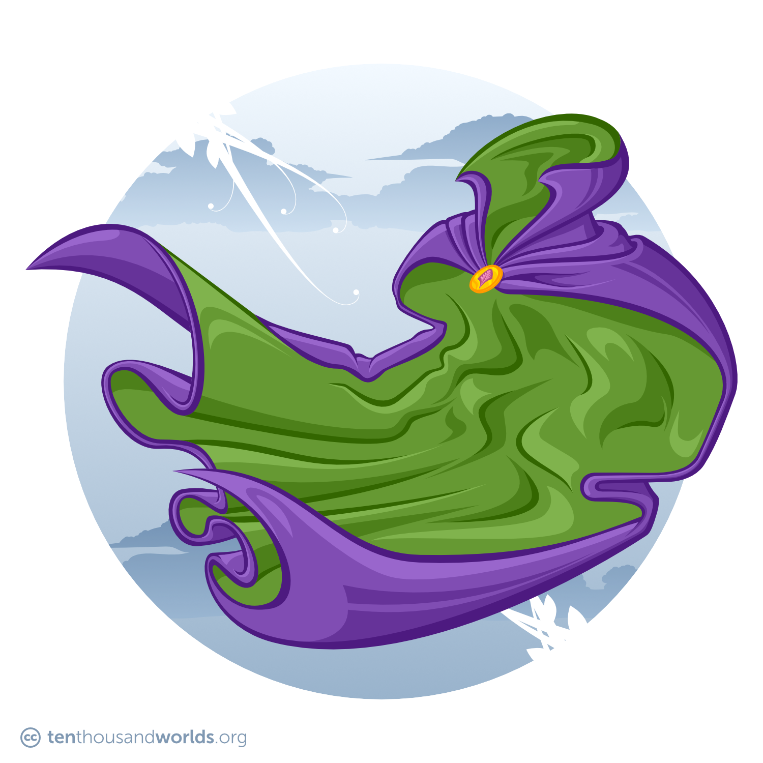 A voluminous fluttering purple cloak lined in emerald green, with a large popped collar and a golden oval clasp set with a pink gem carved into the shape of an abstract feather.