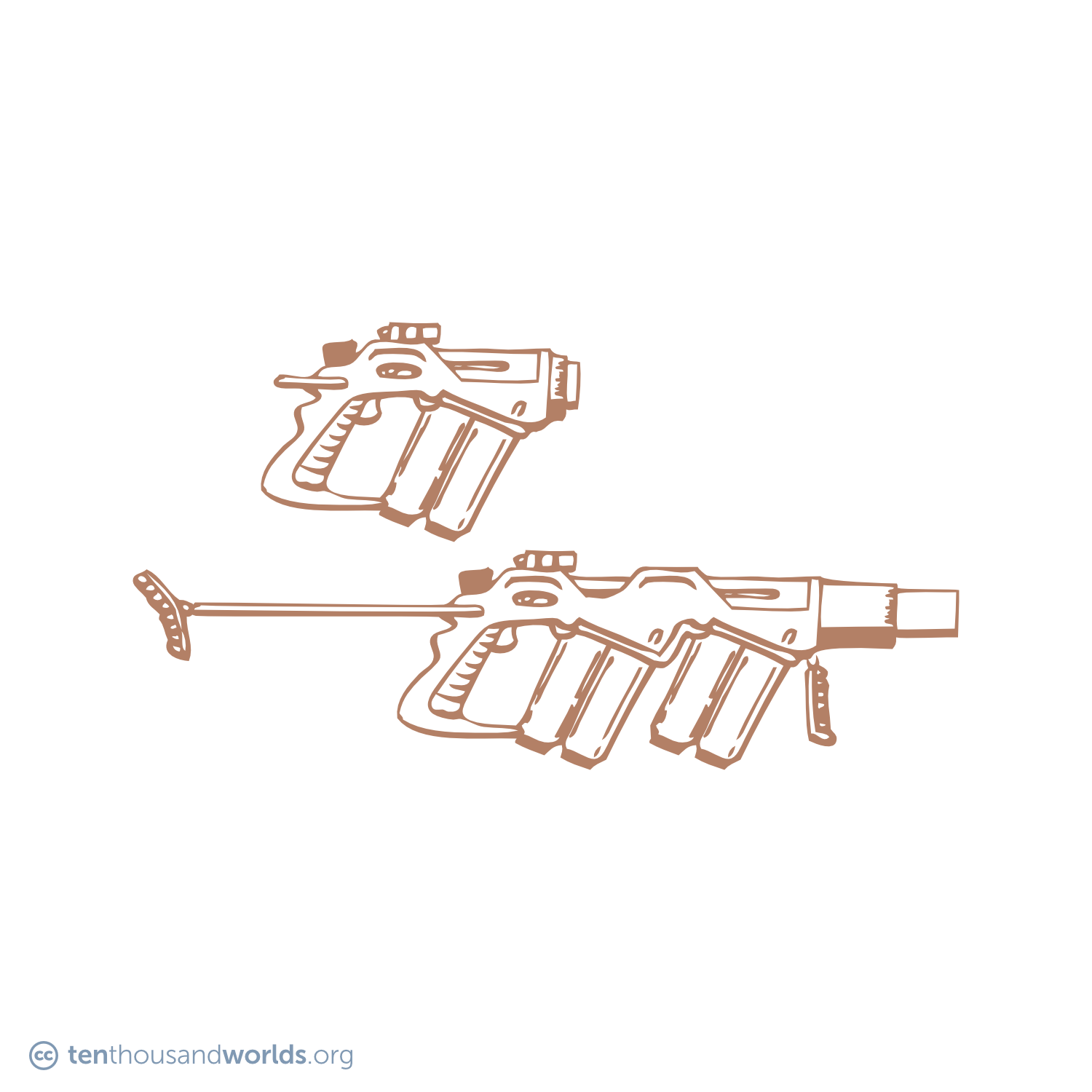 A pencil sketch of a futuristic stubby pistol and a longer rifle of a similar design, both of which use vials of gel and liquid as their ammunition and its payload.