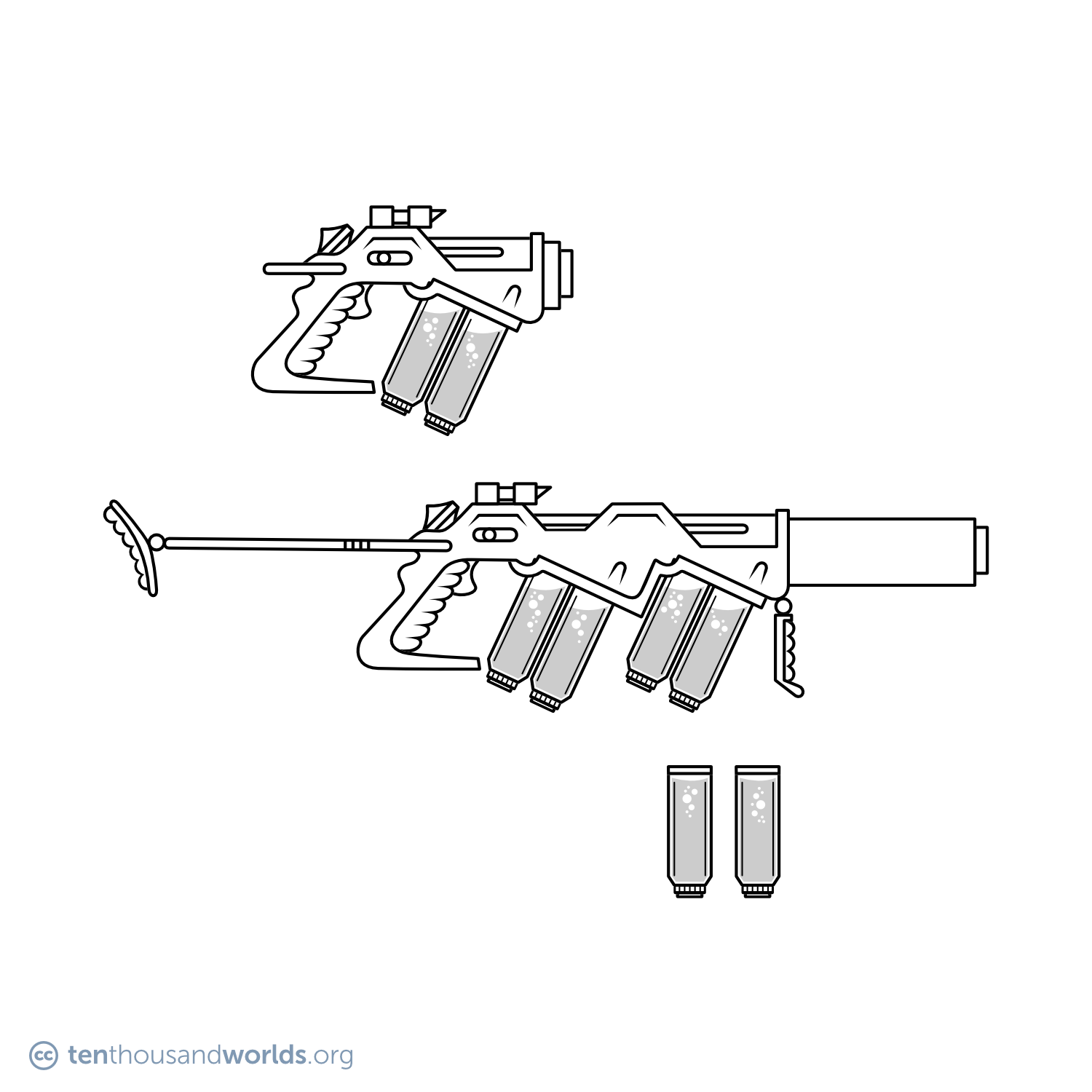 An ink outline of a futuristic stubby pistol and a longer rifle of a similar design, both of which use vials of gel and liquid as their ammunition and its payload. Two replacement vials stand upright nearby.