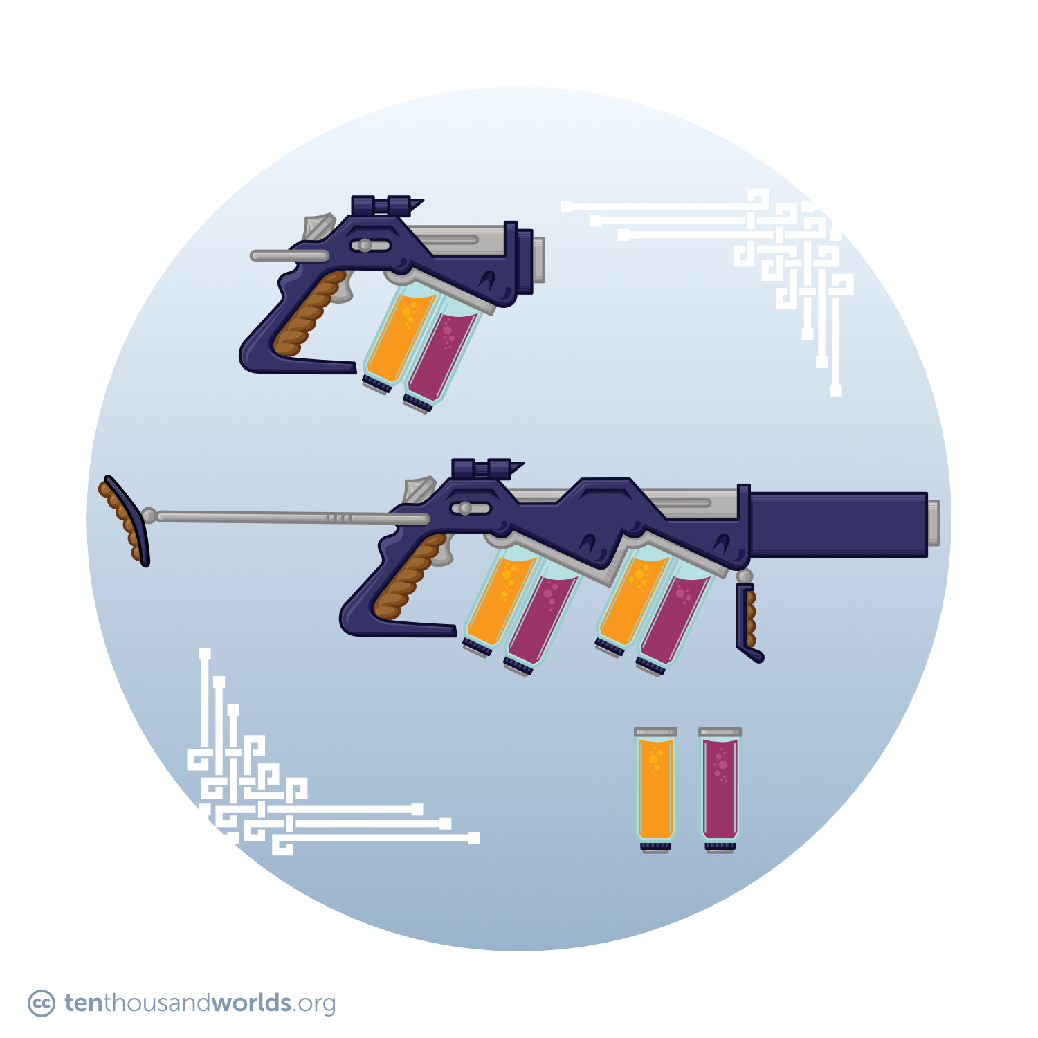 A futuristic stubby pistol and a longer rifle of a similar design, crafted from a grey metal and a blue alloy. Both of use clear vials of a crimson gel and a golden liquid as their ammunition and its payload. Two replacement vials stand upright nearby.