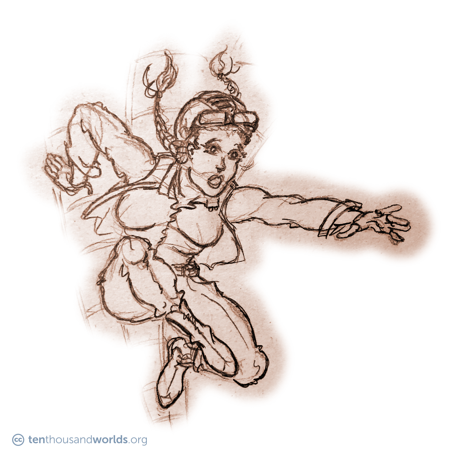 A pencil sketch of a leaping woman whose long braids poke out from under a leather cap with goggles. She wears fingerless gloves; metal-tipped boots; a work shirt, work vest, and trousers; and a belt full of pouches.