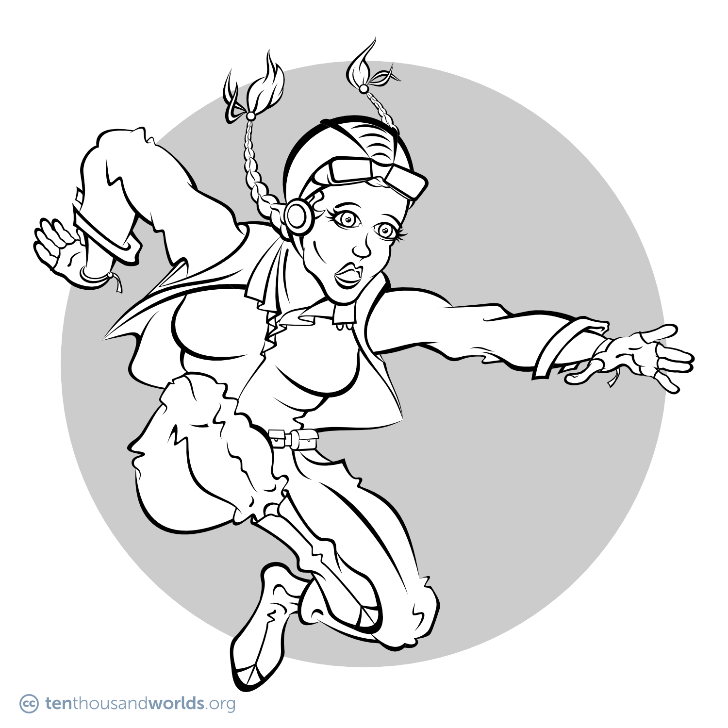 An ink outline of a leaping woman whose long braids poke out from under a leather cap with goggles. She wears fingerless gloves; metal-tipped boots; a work shirt, work vest, and trousers; and a belt full of pouches.