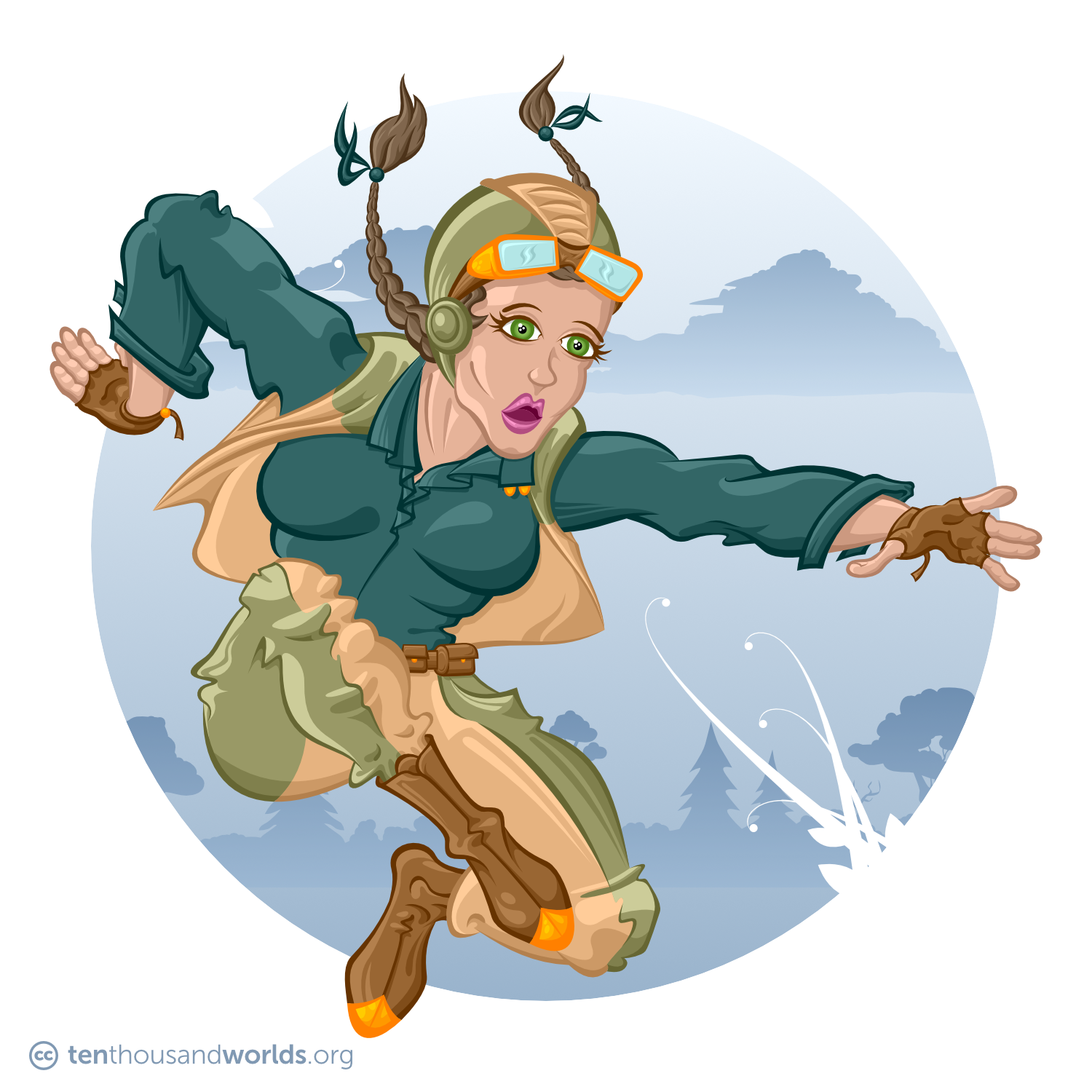A leaping woman whose long brown braids poke out from under an olive and tan leather cap with brass goggles. She wears fingerless leather gloves; brass-tipped boots; an aquamarine work shirt, an olive and tan work vest and trousers; and a leather belt full of pouches.