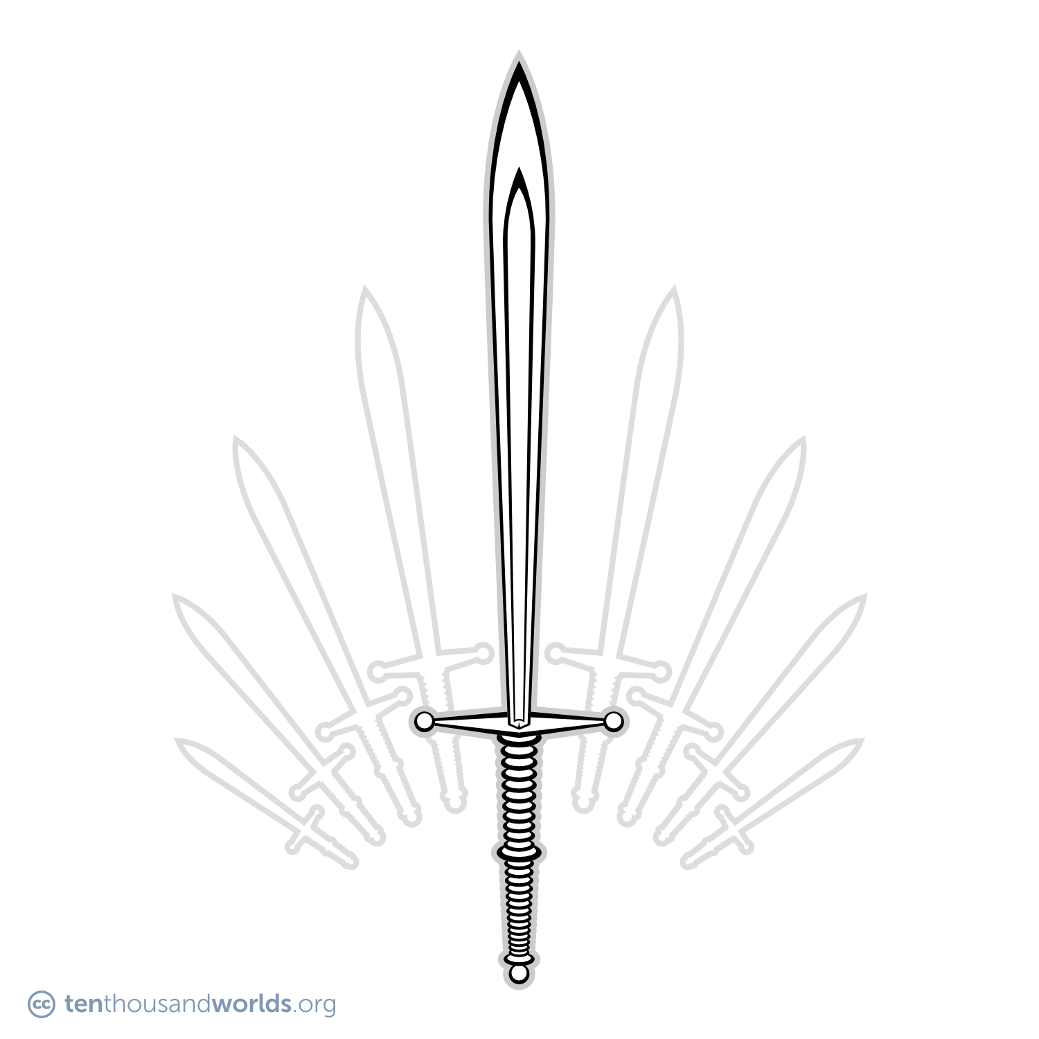 An ink outline of a sleek, simple two-handed sword with a guard and pommel that end in spheres, pointing upward. Behind it, the silhouettes of eight other swords fall away to both sides in an arc.