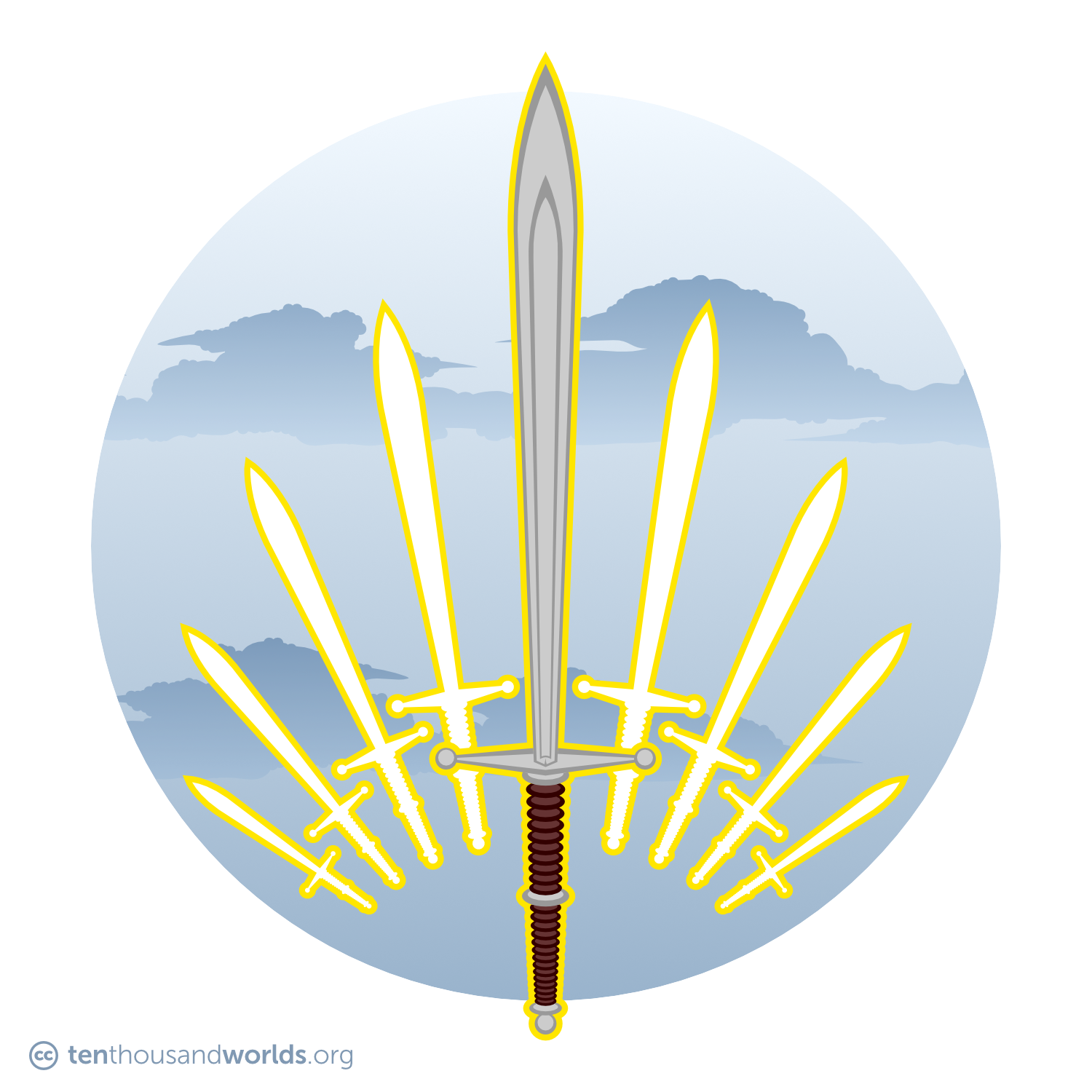 A sleek, simple two-handed sword with a guard and pommel that end in spheres, pointing upward. It glows with a golden light Behind it, the glowing silhouettes of eight other swords fall away to both sides in an arc.
