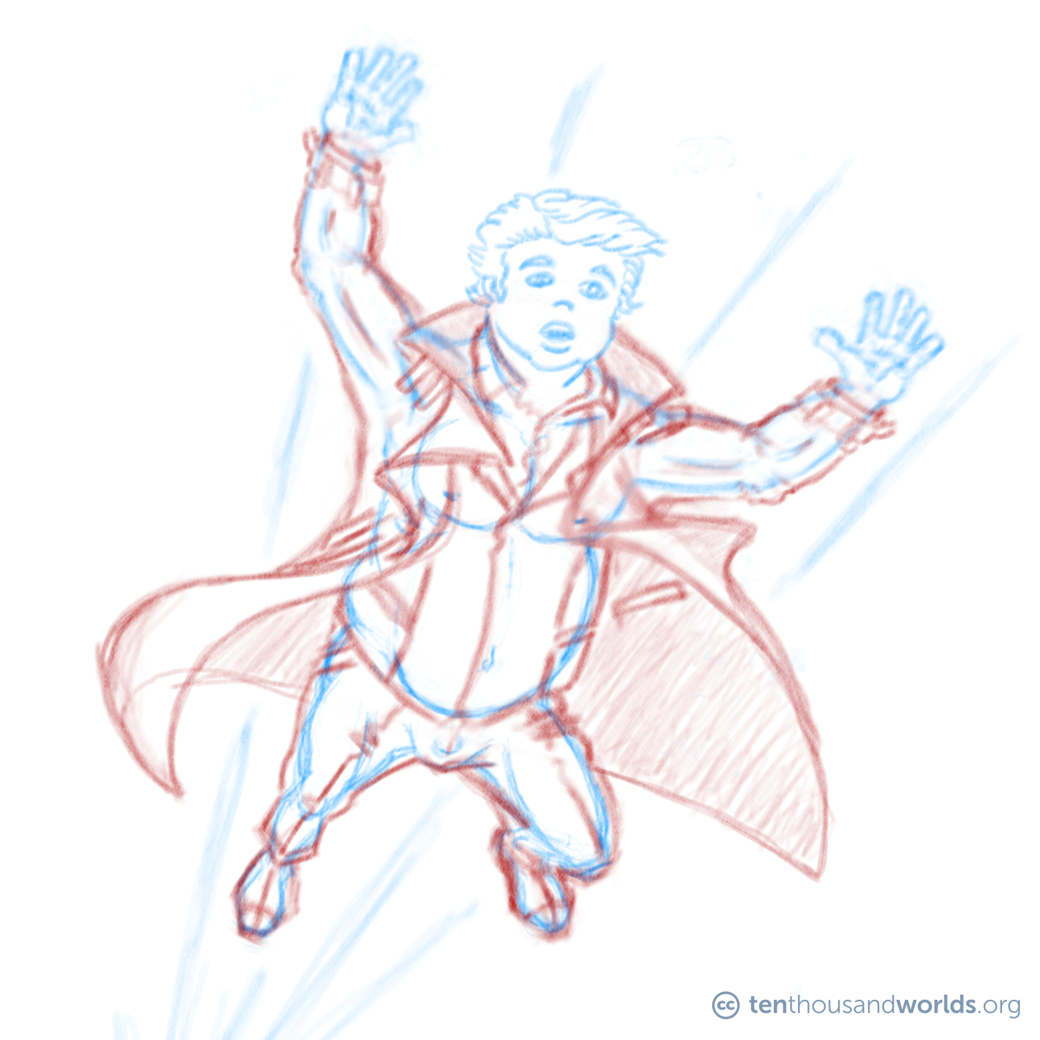 A pair of overlapping pencil sketches of a chubby man wearing a large flapping coat while flying through the air.