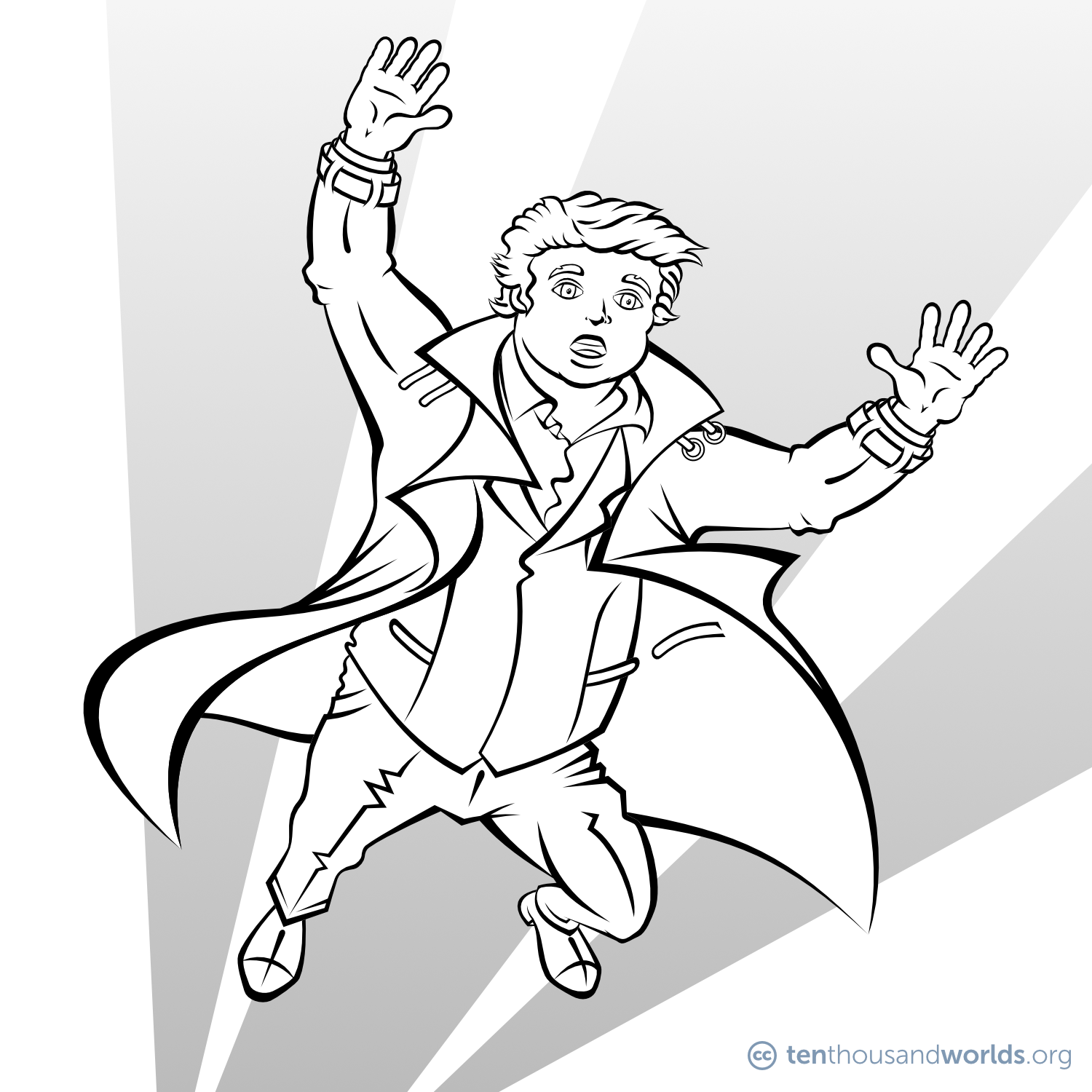 An ink outline of a chubby man wearing a large flapping coat while flying through the air.