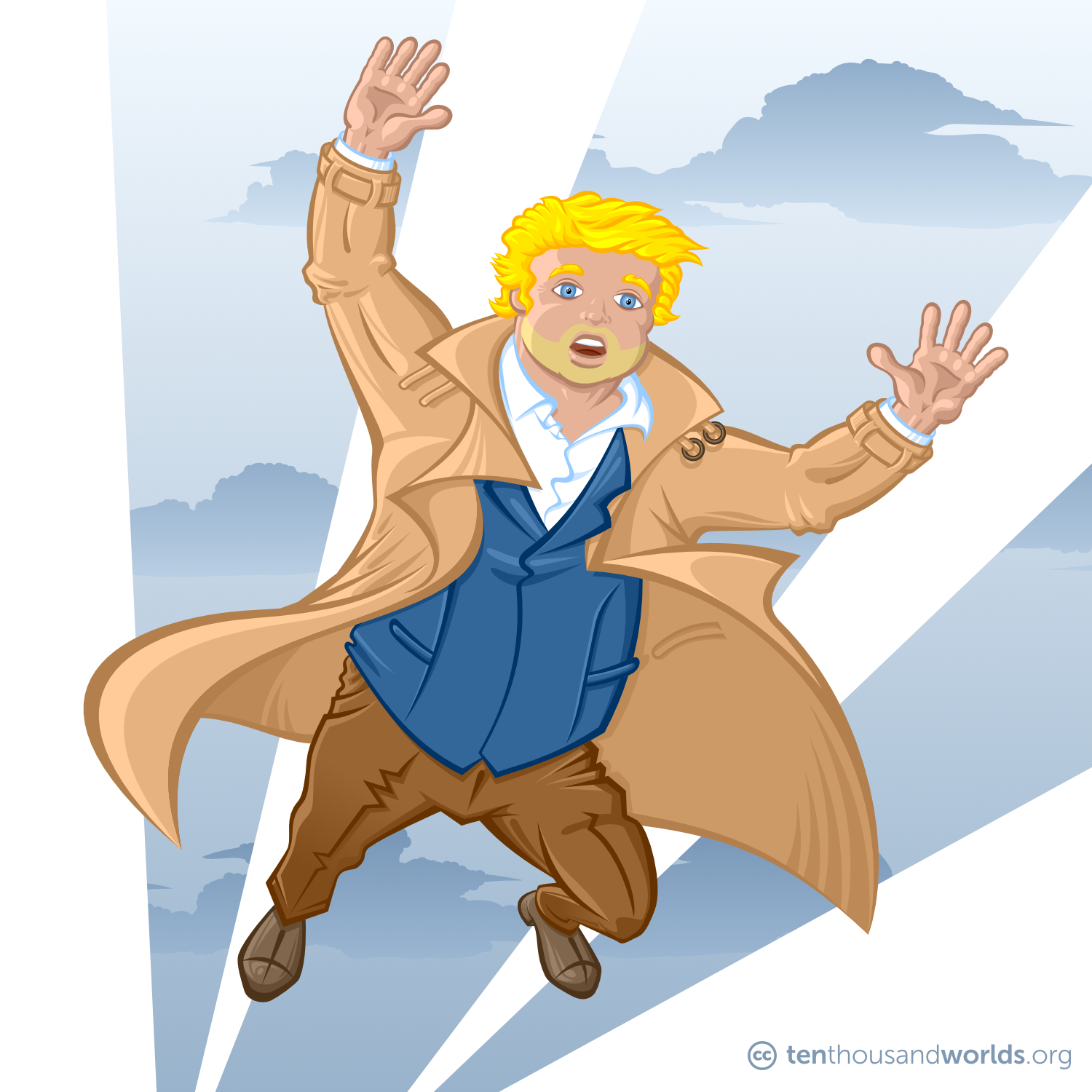 A chubby man with unkept hair and a three-day blond beard, wearing a large flapping tan coat, flying through the air.